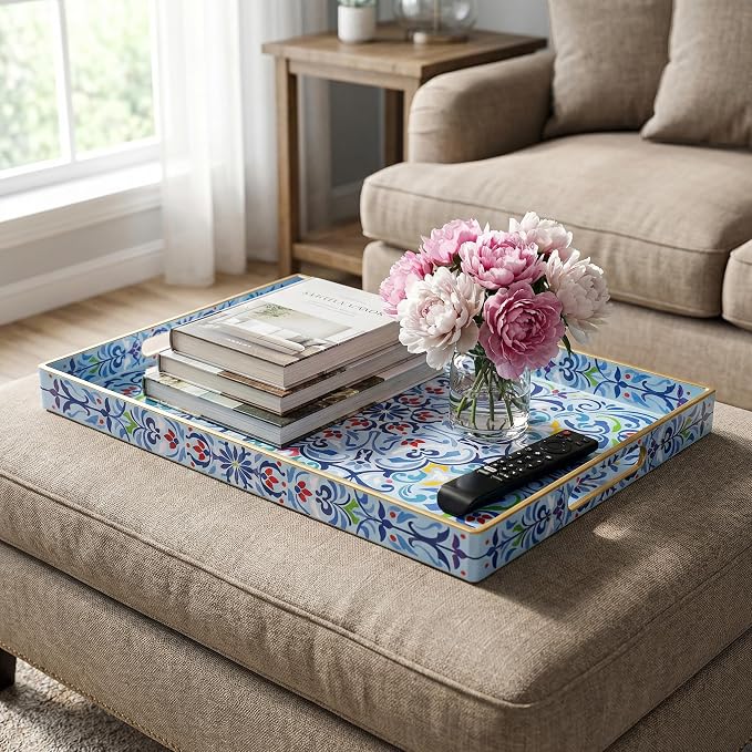 Hiceeden Set of 2 Boho Floral Serving Tray with Handles, 15.7" x 11.8" Decorative Plastic Ottoman Tray, Modern Large Coffee Table Server for Living Room, Bathroom, Kitchen, Rectangle, Blue