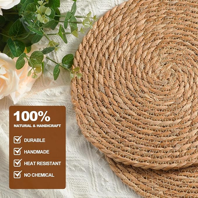 Round Woven Placemats - Boho Rattan Placemats Natural Water Hyacinth Farmhouse Weave Place Mats, Rustic Braided Wicker Table Mats for Dining Table,Home,Wedding (12 inch Set of 6)