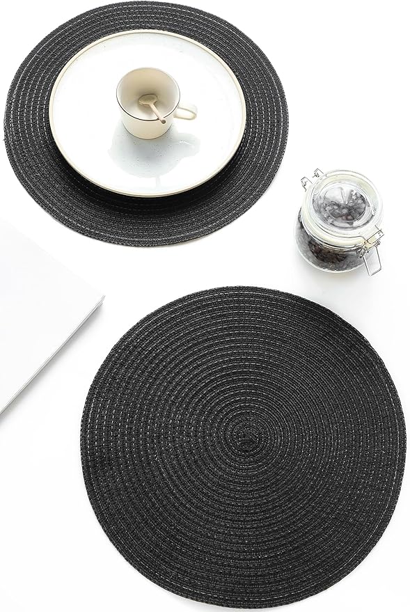 Floroom 15 Inch Round Braided Placemats Set of 6, Washable Heat Resistant Cotton Polyester Circle Place Mats for Kitchen Dining Table - Black