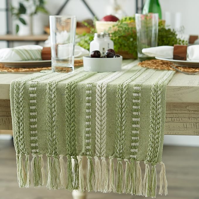 DII Farmhouse Braided Stripe Table Runner Collection, 15x72 (15x77, Fringe Included), Antique Green