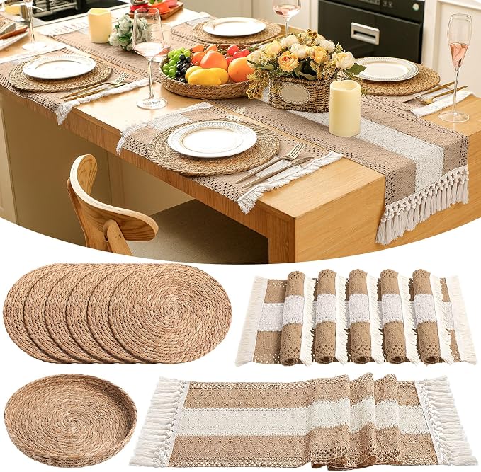 Boho Placemats 4/6/8 Set of Round Woven Placemat Macrame Style Bicolor Stitching Long Table Runner Farmhouse Rustic Natural Burlap Cotton for Kitchen Dining Table(6 Sets,Khaki B,12x72)