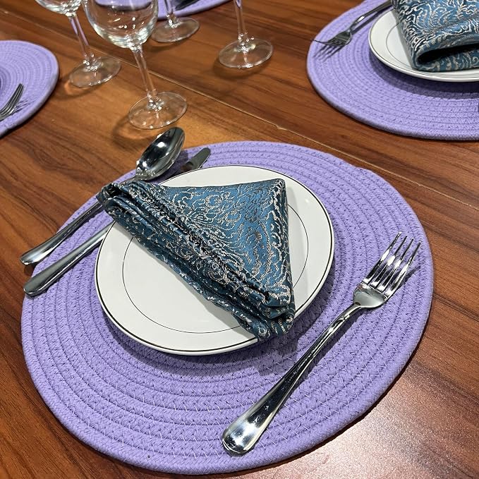 WAZAIGUR Round Placemats Washable Thick Cotton Absorbent 13 inch Round Table Mats for Kitchen Dining Table Set of 4 Round Woven Fabric Indoor/Outdoor Place Mats (Purple, 4)