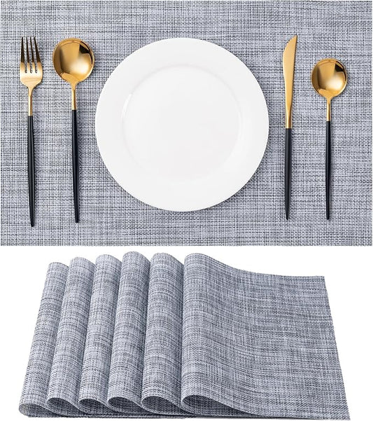 Placemats Set of 6 Washable Indoor/Outdoor Vinyl Place Mats for Dining Table Durable Non-Slip Heat Resistant PVC Weave Table Mats（Gray）