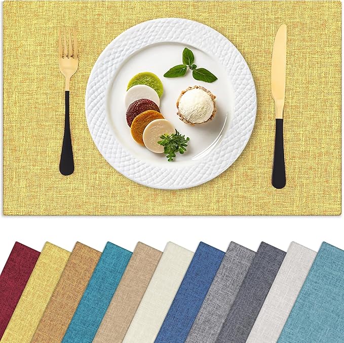 Homaxy Cloths Placemats for Dining Table Set of 6, Heat Resistant Washable Cotton Linen Blend Table Mats, Place Mats for Indoor Outdoor Party Kitchen Decoration, 13" x 19", Mustard Yellow