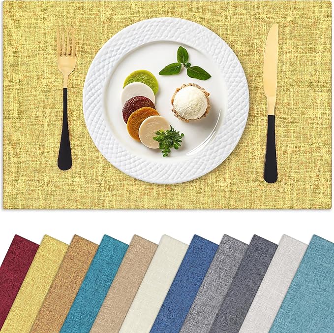 Homaxy Cloths Placemats for Dining Table Set of 4, Heat Resistant Washable Cotton Linen Blend Table Mats, Place Mats for Indoor Outdoor Party Kitchen Decoration, 13" x 19", Mustard Yellow