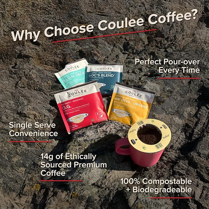 EcoPour B.I.O.N. Coffee, Single Serve Pour Over Decaffeinated Coffee, for Camping or Traveling, Pre Filled Compostable, All Paper Filters, Ready to Brew with Hot Water, 20 Pack