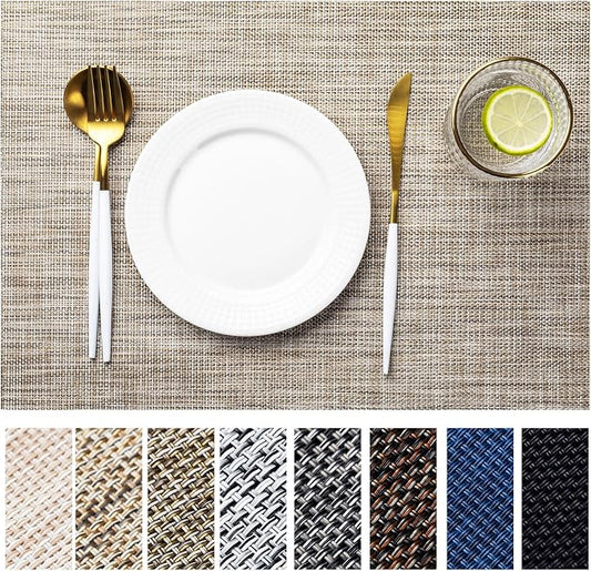 LEXMORE PlaceMats Set of 12 Vinyl/Plastic Woven Place Mats for Kitchen Table Indoor/Outdoor Washable PlaceMat Wipeable Dining Table Mats(Caramel)