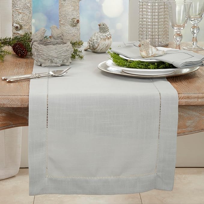 SARO LIFESTYLE Hemstitched Border Table Runner, Grey, 16"x54"