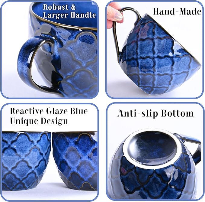 Ceramic Extra Large Coffee Mugs with Handles, 24 oz Coffee Cups, Large ceramic mugs for Hot Chocolate, Cappuccino, Ramen,Oatmeal, Microwave SafeSet of 2 (Reactive Glaze Blue)