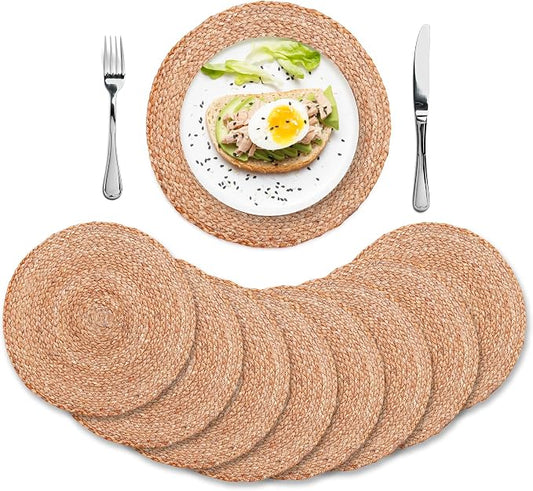 Eco Crave Natural Jute Placemats Set of 8, Round Woven Table Mats, 13 Inch Rattan Charger Plates for Dinner, Boho Farmhouse Braided Place Mats