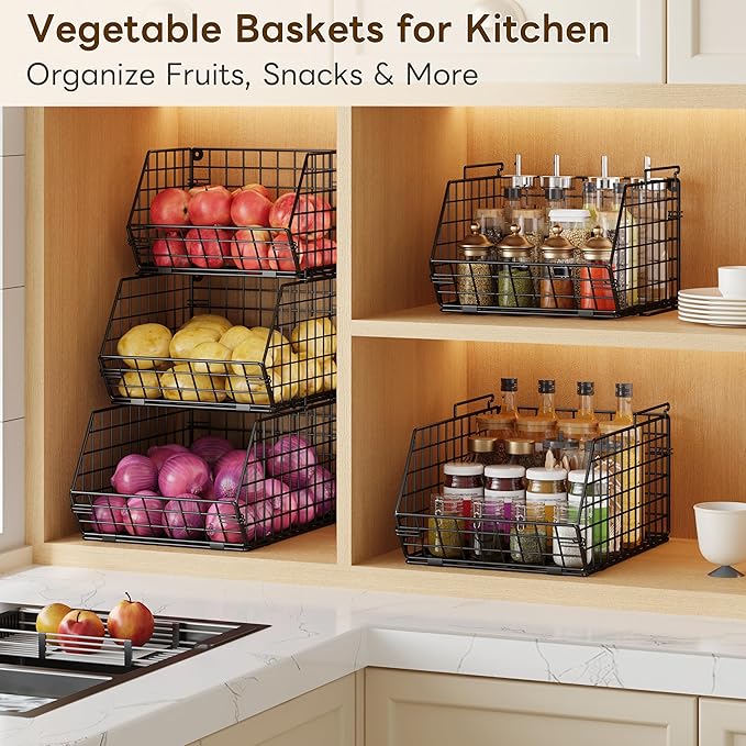 3-Tier Stackable Wire Baskets for Counter, Fruit and Vegetable Storage, Potato and Onion Storage Bin，Kitchen Pantry Organizer - Wall Basket for Produce/Snack/Can, Black