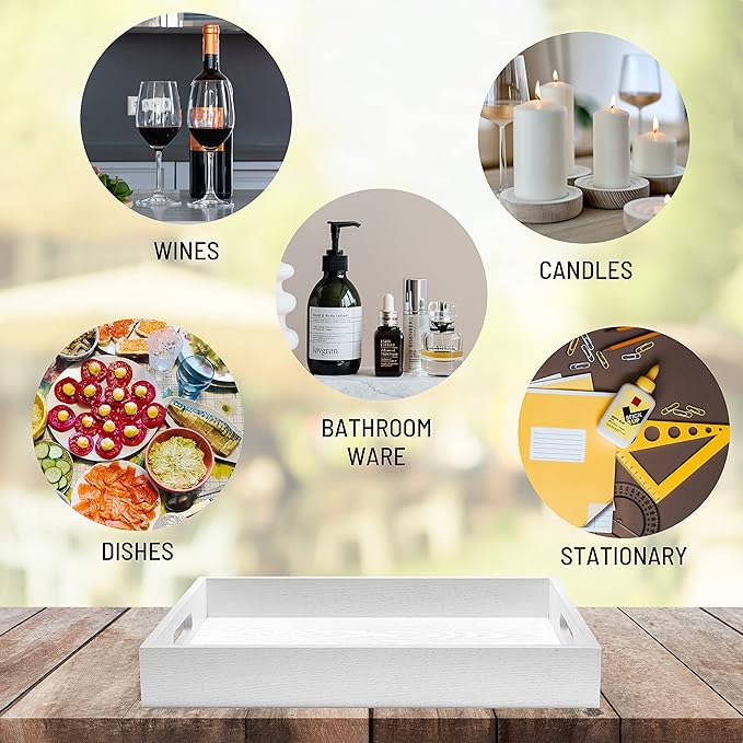 ATZYmolin Wood Serving Tray with Handles, Home Decorative Wooden Rectangle Ottoman Decor Platter Vanity Tray for Breakfast Dinner Drinks Kitchen Dining Living Bathroom Restaurants White