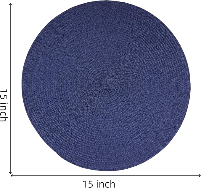 Round Braided Placemats Set of 6 Washable Easy to Clean Place Mats for Dining Tables Woven Non-Slip Heat Resistant Table Mats 15 Inch (Dark Blue)