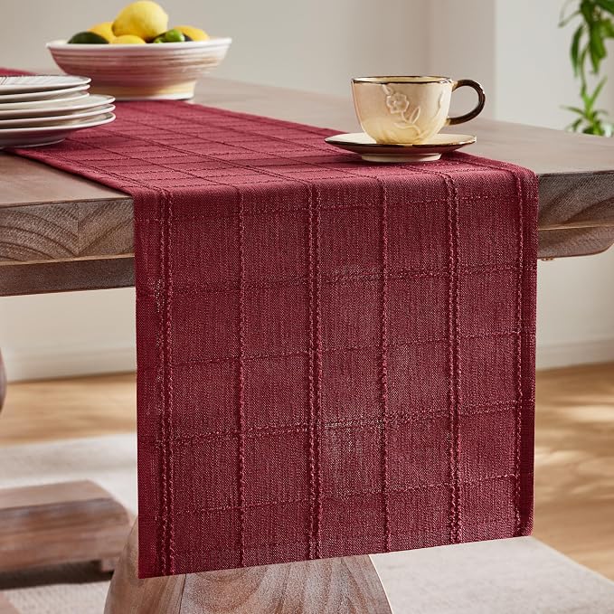 ZeeMart Linen Checked Farmhouse Table Runner, 13x72 Inches Burgundy | Raised Grid Design, Rich Woven Texture, Linen Blend Table Runners 72 Inches Long, Machine Washable, Boho Home Kitchen Decor