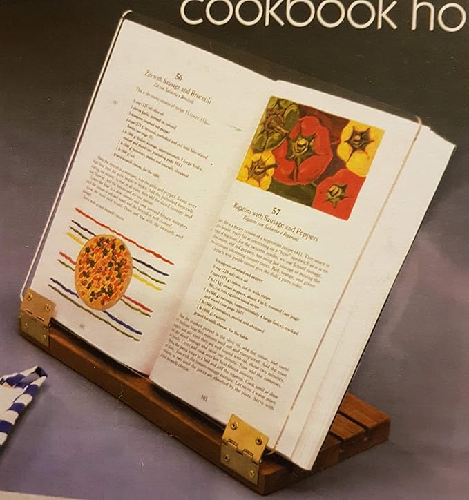 Original Hinged Cookbook Holder - Acrylic Shield With Wood Base and Brass Plated Hinges - Made in the USA