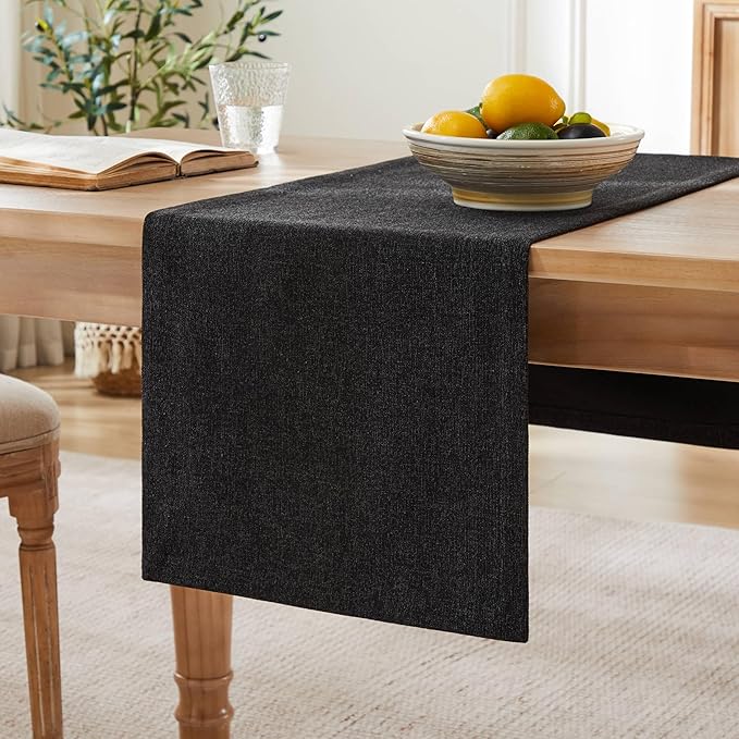ZeeMart Burlap Style Farmhouse Table Runners 108 Inches Long, Black Rustic Woven Dining Table Runner for Everyday Use, 14x108 Inches, Black