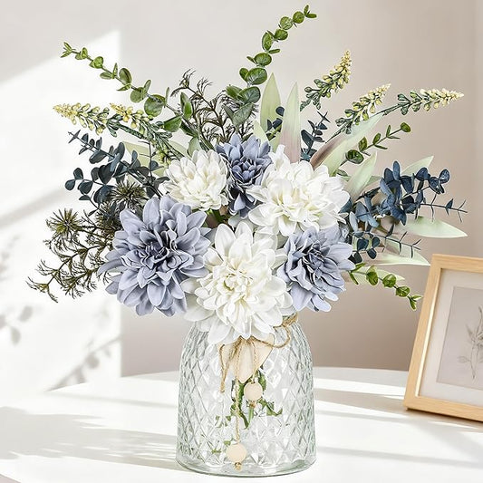 Der Rose Fake Flowers in Vase Silk Artificial Navy Blue Flowers Arrangements with Glass Vase for Dinning Coffee Table Centerpieces Home Kitchen Farmhouse Wedding Decor