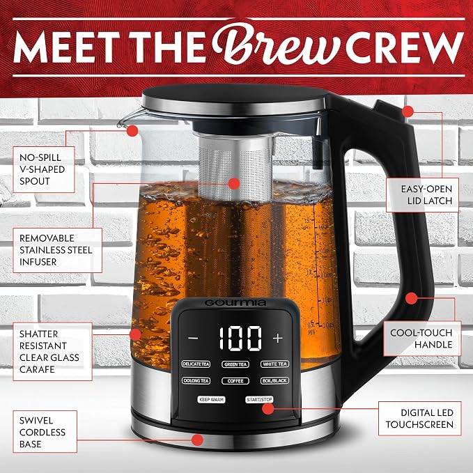 Gourmia Electric Glass Kettle – 1.7L Programmable Tea & Coffee Brewer with Digital Touch Display, 6 Presets, Removable Stainless Steel Infuser, Cordless with 360° Swivel Base, Black