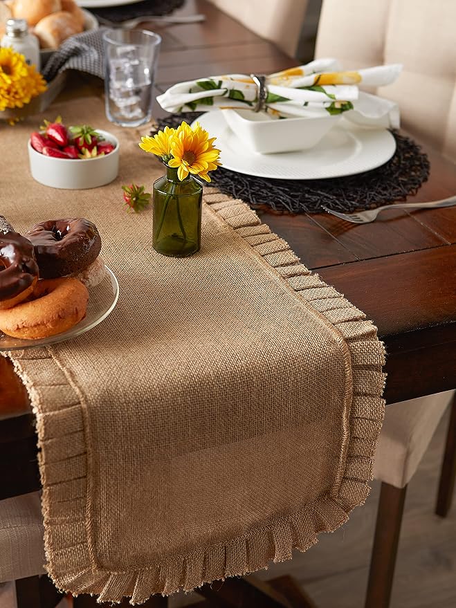 DII Jute Burlap Collection Kitchen Tabletop, Table Runner, 14x108, Ruffle Trim Natural