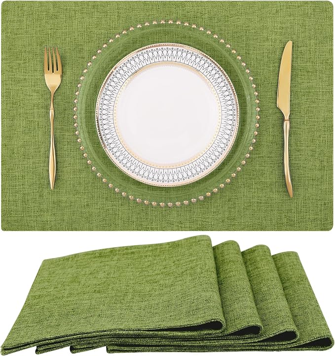 homing Faux Cotton Linen Placemats Set of 4, Cloth Washable Farmhouse Dining Table Mats for Indoors & Outdoors, Easy to Clean, Grass Green, 13 x 19 Inch