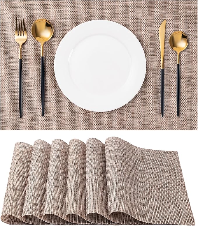 Placemats Set of 6 Washable Indoor/Outdoor Vinyl Place Mats for Dining Table Durable Non-Slip Heat Resistant PVC Weave Table Mats（Khaki）