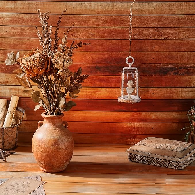 3.3" Wide Modern Farmhouse Metal Hurricane Candle Holder with Handmade Sturdy Glass Sleeve in Rustic White for Tealight Candle & Plants, Glass Hurricane Lantern, Industrial, Minimalistic