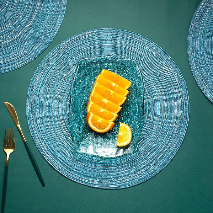 AHHFSMEI Round Braided Placemats Set of 6 Woven Table Mats for Dining Table Heat Resistant Easy to Clean Perfect for Kitchen & Home Decor (Silver Blue)