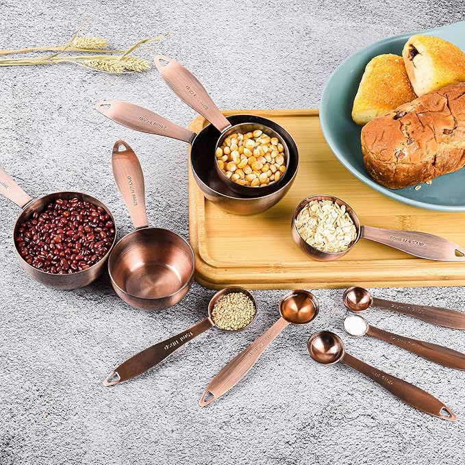Copper measuring cups and spoons set,Includes Stainless Steel 5 Measuring Cups and 5 Measuring Spoons and Measure Ingredient Leveler and Rings（copper）