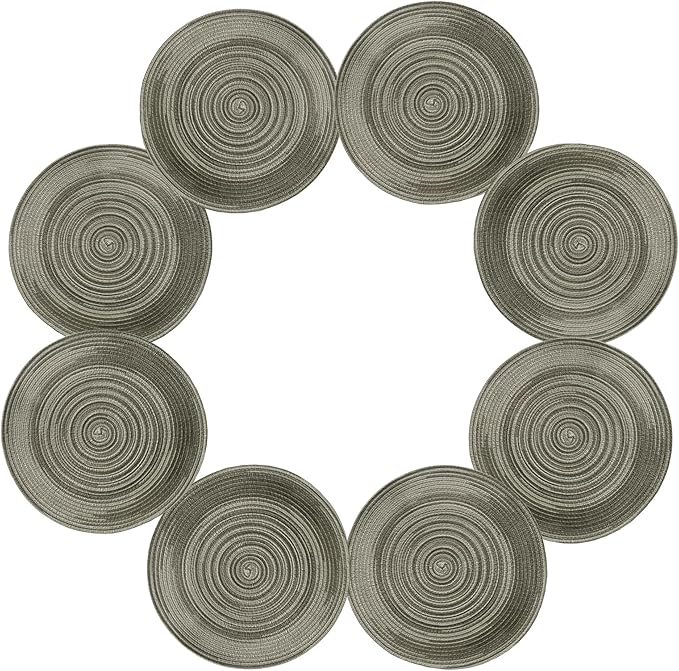 Youyi Round Braided Placemats Set of 8, 15 Inch Place Mats Washable Heat Stain Resistant Resistant Non-Slip Modern Farmhouse Table Mats for Kitchen Decor, Light Gray