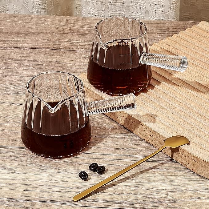 Koythin Glass Measuring Cups, Ribbed Espresso Shots Cup for Latte Cappuccino Milk, Minimalist Espresso Cups with V-Shaped Spout, Cute Coffee Bar Accessories with Glass Handle, 3 oz/180 ml (Tapered)