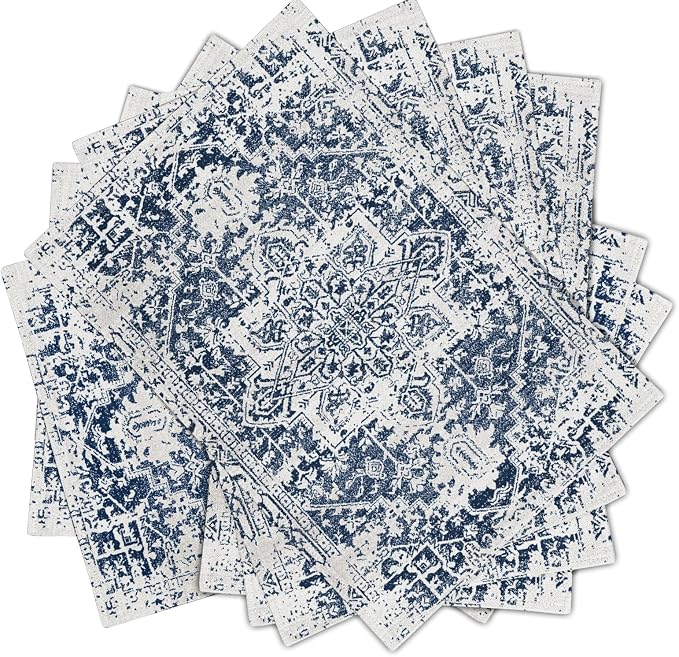 Navy Blue Gray Boho Placemats Set of 6 Ethnic Bohemian Carpet Place Mats Washable Kitchen Dining Vintage Grey Geography Floral Linen Table Mats Stain Heat-Resistant for Home Party Indoor 12x18 in