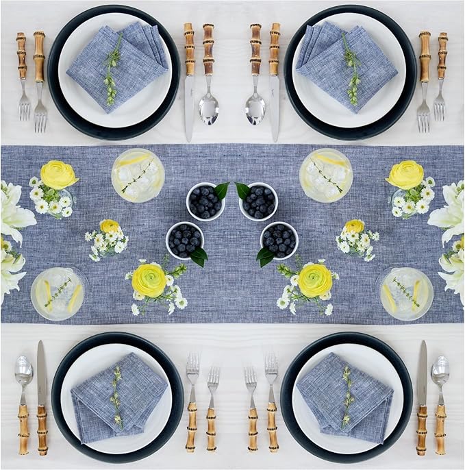 Solino Home Linen Chambray Indigo Table Runner 108 Inches Long - Athena, 100% Pure Linen 14 x 108 Inch Table Runner for Spring, Summer