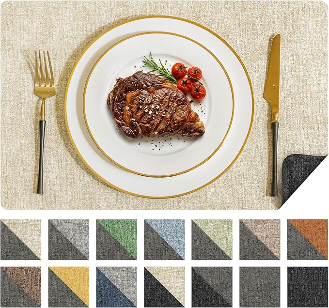 Romanstile Vinyl Placemats Set of 8, Reversible Faux Leather Heat Resistant Wipeable Table Mats, Waterproof Washable Non-Slip Table Placemats for Dining/Kitchen/Party/Outdoor (Grey Beige, 12" x 17")