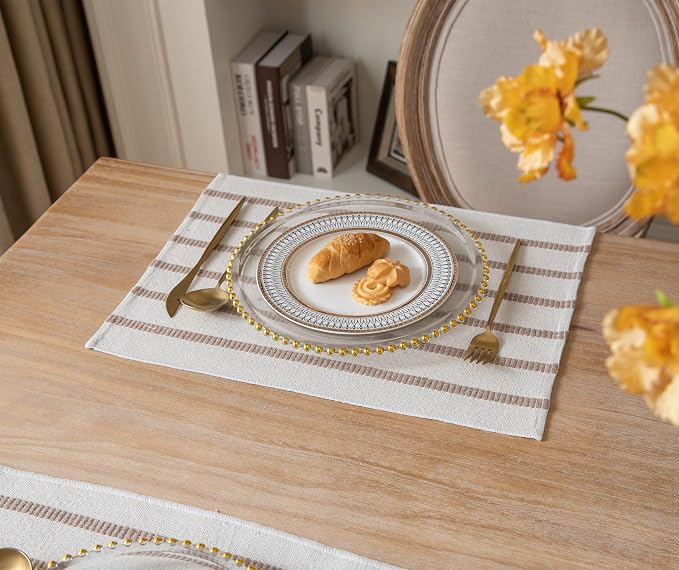 Caflife Boho Farmhouse Placemats Set of 4, Taupe Stripes Cotton Linen Woven Table Mats for Modern Dining Table, 13x19 Inch Rustic Kitchen Decor Place Mats