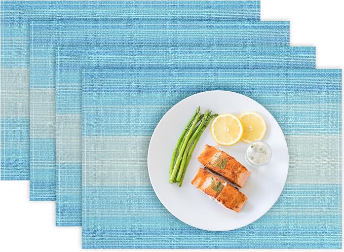 Bloss Blue Placemats Set of 4, Linen Woven Place Mats for Kitchen Table Indoor/Outdoor, 12" x 18" Washable Gradient Blue Placemat Dining Table Mats