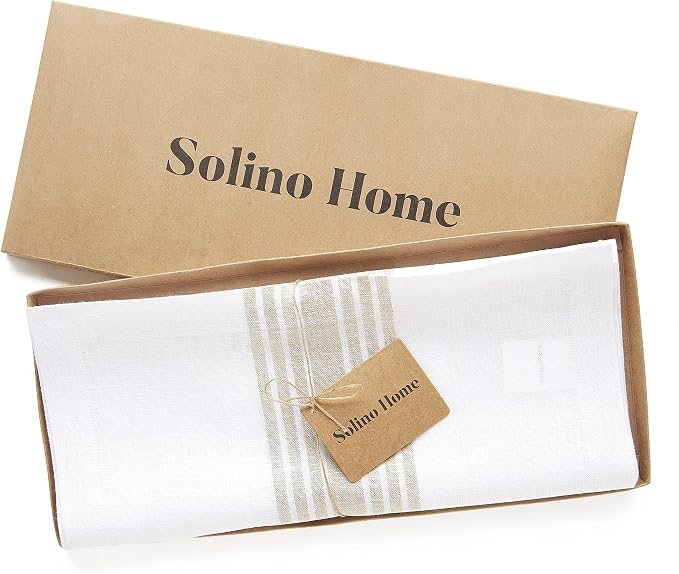 Solino Home Linen Striped Table Runner 108 Inches Long - Farmhouse 100% Pure Linen Natural and White Dining Table Runner 14 x 108 Inch for Summer