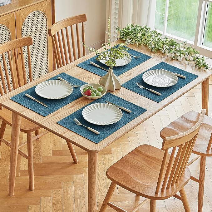 Softalker Faux Linen Placemats Set of 8-12 x 18 Inch, Heat Resistant Double Layered Durable Burlap Farmhouse Place Mats, Non-Slip Washable Rustic Table Mats for Dining, Kitchen, Party（Teal