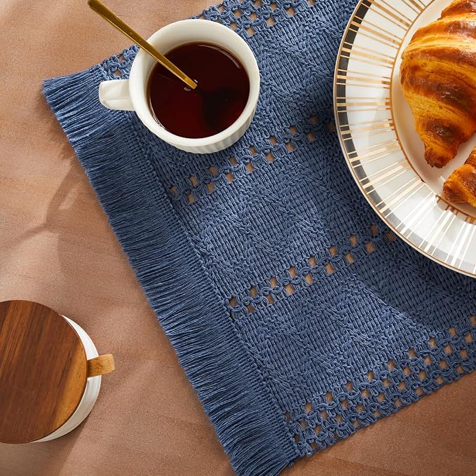 ZeeMart Macrame Style Boho Placemats Set of 6, Dusty Blue 12x20 Inch | Decorative Farmhouse Table Mats, Natural Cotton Woven Place Mats, Bohemian Home Decor for Kitchen Dining Table