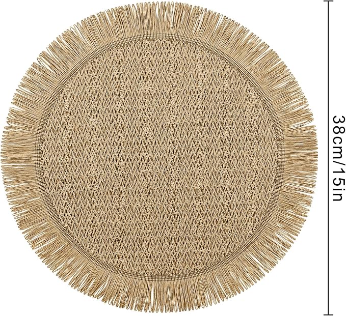 fanquare Boho Round Paper Placemats 15'' Set of 6, Rustic Woven Fade-Safe Tablemats,Braided Placemats for Home, Cafe or Events, Brown