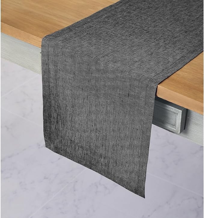Solino Home Linen Table Runner 144 Inches Long - Athena, 100% Pure Linen Charcoal Grey Dining Table Runner 14 x 144 Inch - Handcrafted and Machine Washable