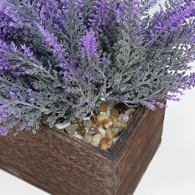 Winlyn 14" Artificial Lavender Flowers Plants in Rectangular Wooden Planter Box Faux Frosted Lavender Potted Arrangements Floral Centerpiece for Farmhouse Home Wedding Table Centerpiece Mantel Décor