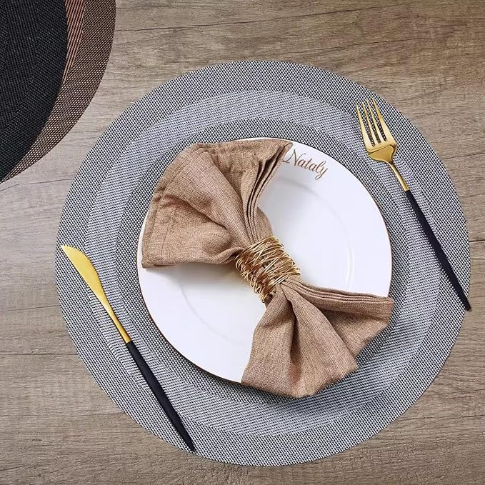 PIGCHCY Round Placemat Set of 8 Vinyl Washable Kitchen 15 inch Table Placemats for Wedding Holiday Party (Deep Silver)