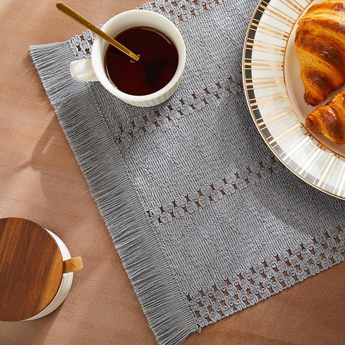 ZeeMart Macrame Style Boho Placemats Set of 4, Light Blue Grey 12x20 Inch | Decorative Farmhouse Table Mats, Natural Cotton Woven Place Mats, Bohemian Home Decor for Kitchen Dining Table