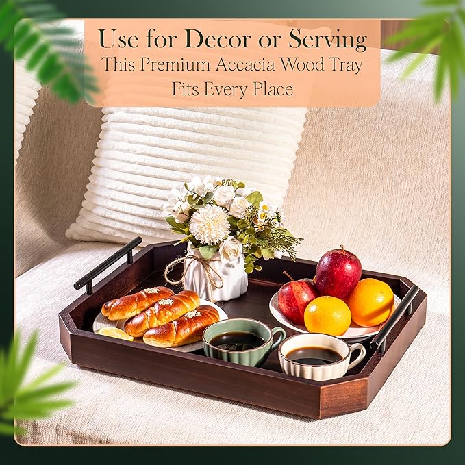 Large Square Ottoman Tray with Built-in Handles – Accacia Wood Serving Tray for Living Room, Coffee Table, Dinning, Kitchen, Patio, Party | Rustic Decorative Storage Tray | 19" x 15" x 2"