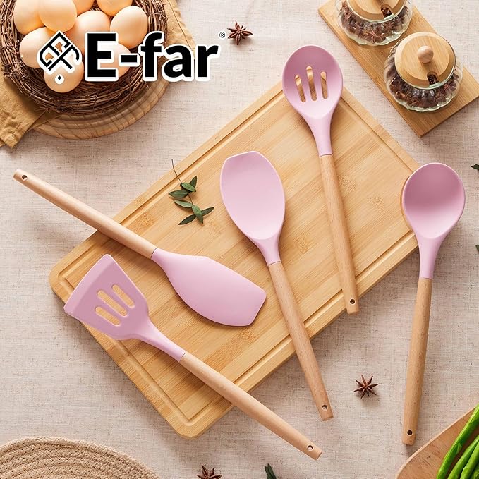 E-far Silicone Cooking Utensils Set, 10-Piece Kitchen Utensils Set with Wooden Handle for Cooking, Non-toxic Silicone Kitchen Nonstick Tools Spatula Whisk Tongs Ladle, Heat Resistant & Health, Pink