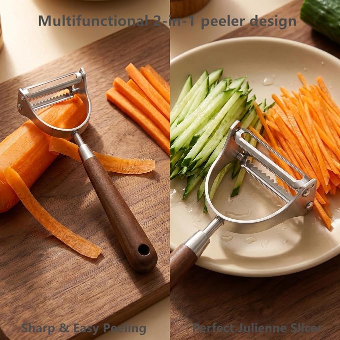 Aniso 2-in-1 Stainless Steel Vegetable Peeler and Julienne | Cutter with Ergonomic Non-Slip Wooden Handle for Potatoes, Apples, Carrots, veggie, Essential Kitchen Tool