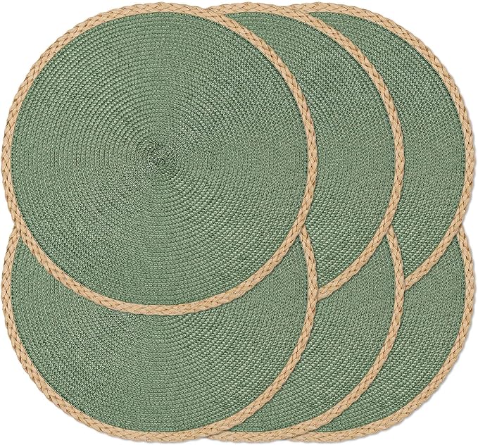 Noctiflorous Braided Round Placemats Set of 6, 15 Inch Woven Table Mats, Non-Slip Washable Thin Edge Place Mats for Kitchen Dining Table Decor (Green, 6)