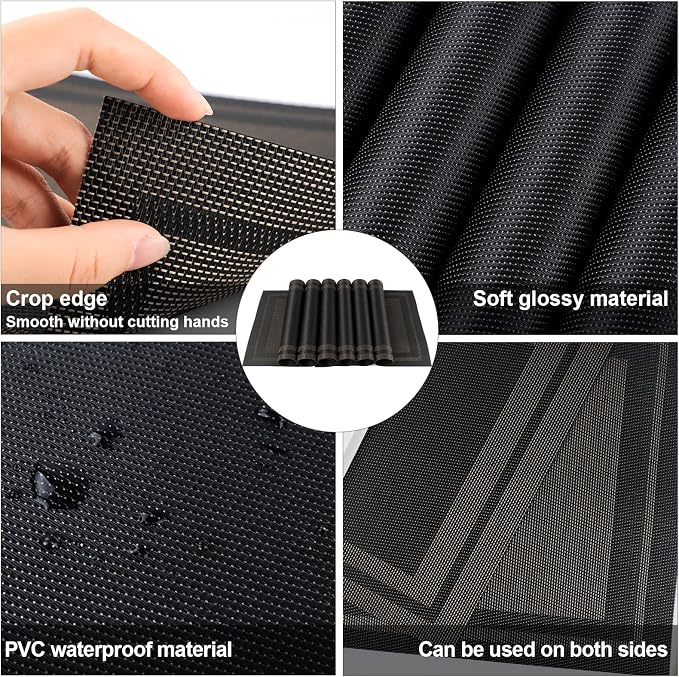 Placemats,Table Place Mats for Kitchen Dining, Heat-Resistant Anti-Skid Stain Washable PVC Table Mats, Easy to Cleaning Woven Vinyl Dinner Mats (Black, 6 Pack)