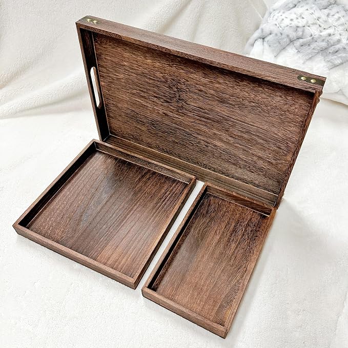 3-Piece Wooden Serving Tray Set - Nesting Platters for Entertaining & Breakfast