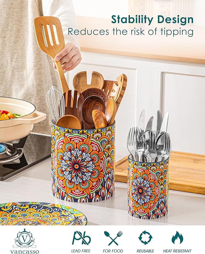 vancasso SIMI Utensil Holder, 7.3"+5.5" Porcelain Kitchen Utensil Holder for Countertop, Bohemian Kitchen Utensil Organizer for Spatulas, Spoons, Ladles, Decorative Counter Utensil Crock, Regal Bloom